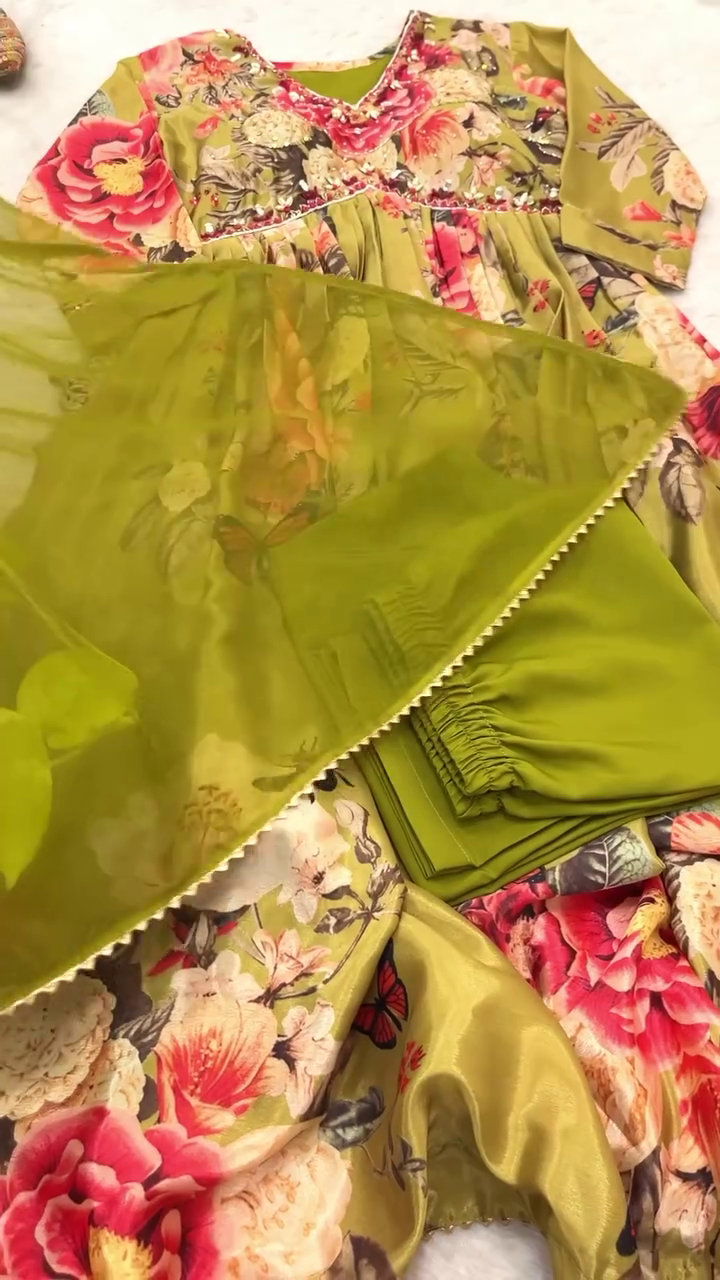 Olive Green Floral Printed Ethnic Suit Set with Embellished Neckline, Sheer Dupatta, and Coordinated Pants – Perfect for Festive and Traditional Occasions