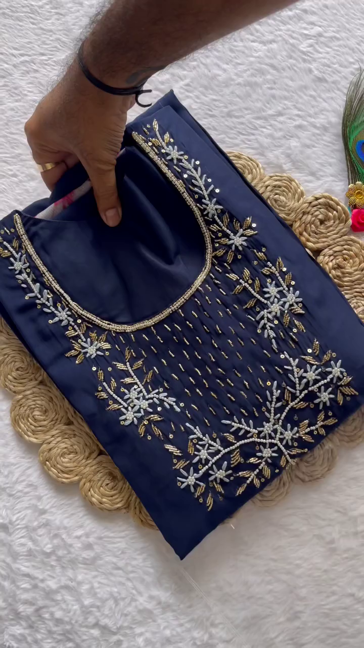 Midnight Blue Straight-Cut Kurta Set with Delicate Thread Embroidery and Mirror Accents – Paired with a Sheer Floral Organza Dupatta for a Fresh and Elegant Festive Appeal