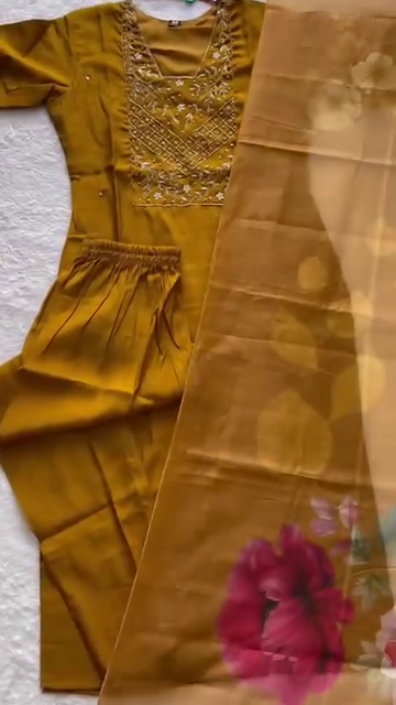 Elegant Mustard Yellow Embroidered Kurti Set with Matching Pants and Floral Print Dupatta – Traditional Ethnic Wear for Women