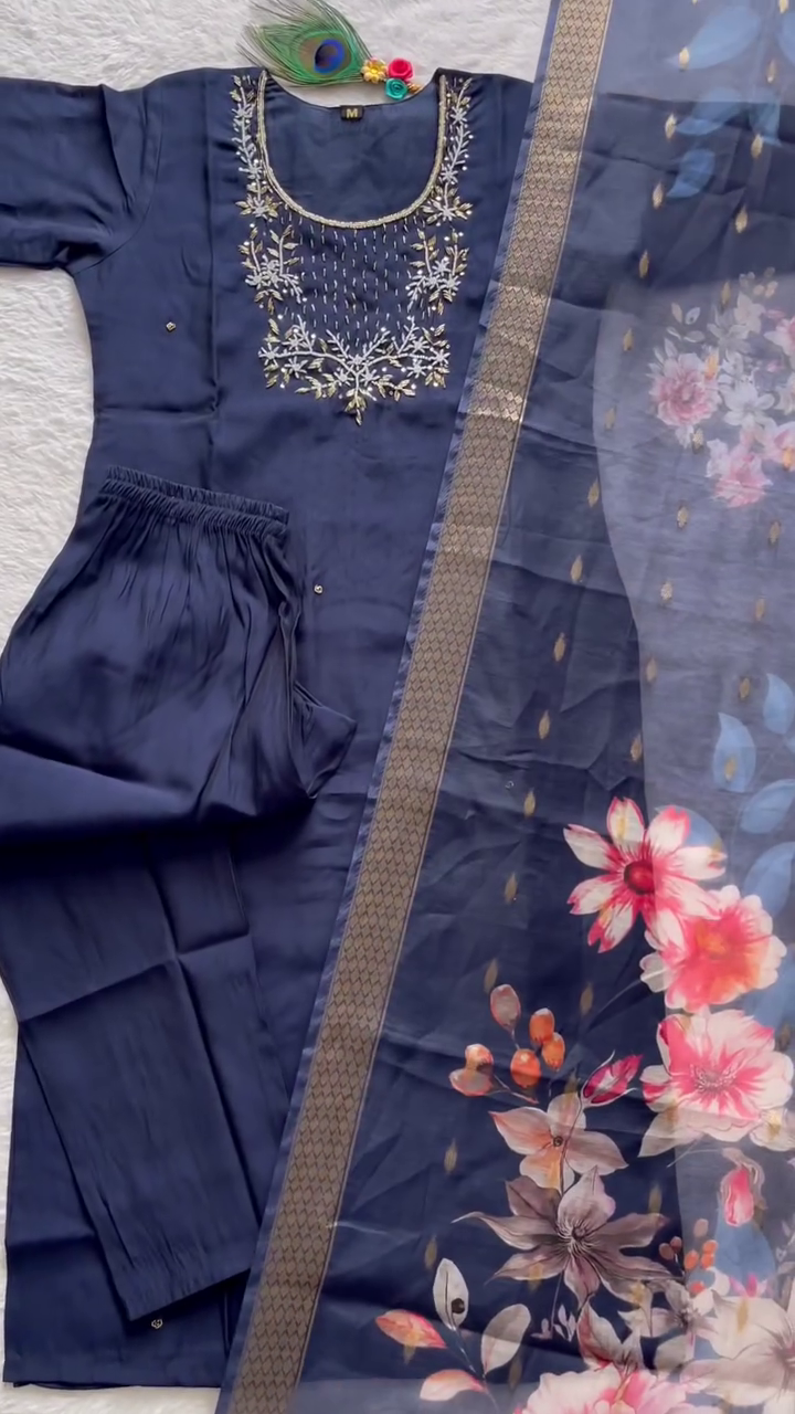 Midnight Blue Straight-Cut Kurta Set with Delicate Thread Embroidery and Mirror Accents – Paired with a Sheer Floral Organza Dupatta for a Fresh and Elegant Festive Appeal