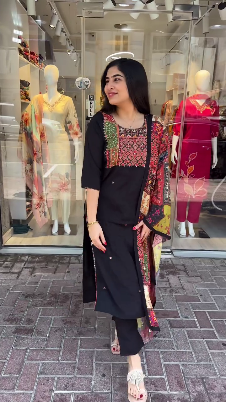 Elegant Black Straight-Cut Suit with Vibrant Multicolor Embroidered Yoke and Heavily Printed Artistic Dupatta – A Striking Blend of Classic Sophistication and Contemporary Style