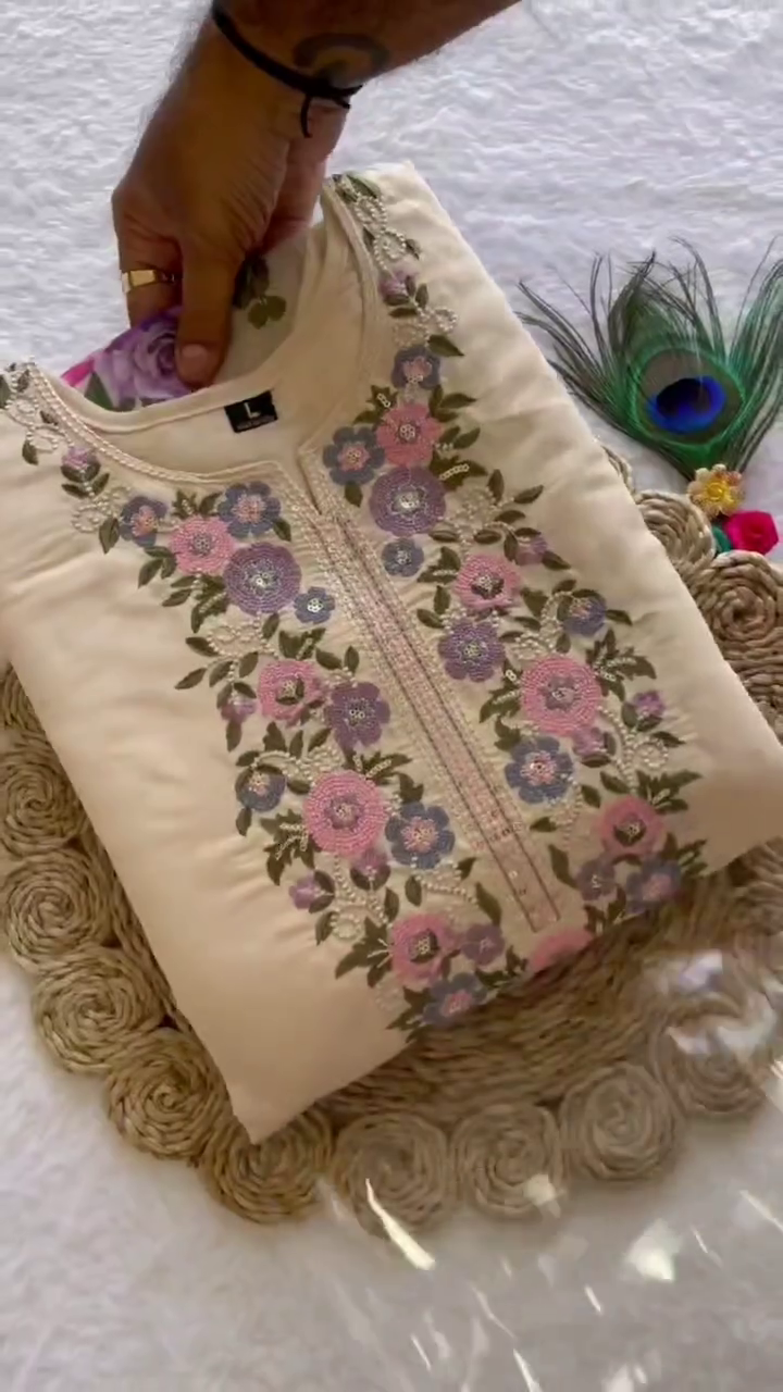 Chic Beige Floral Embroidered Kurti Set with Matching Pants and Soft Pastel Rose Print Dupatta – Elegant and Comfortable Ethnic Wear for Women