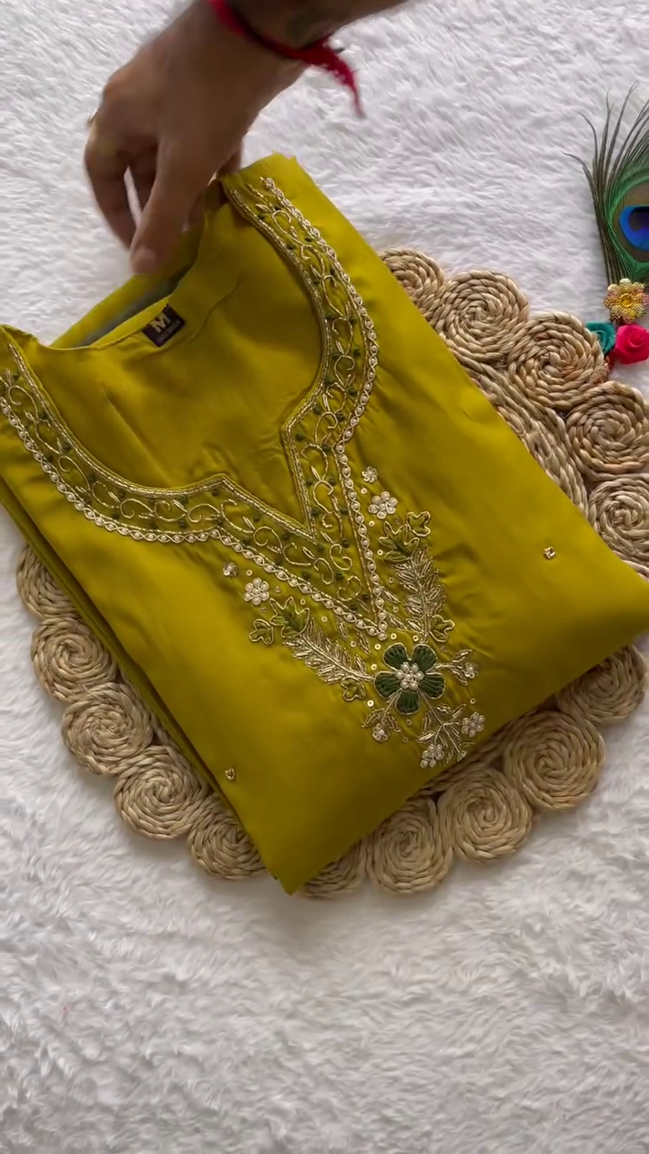 Mustard Yellow Straight-Fit Kurta Set with Delicate Sequin & Thread Embroidered Neckline – Paired with a Sheer Floral Organza Dupatta for an Effortless Festive & Daytime Chic Look