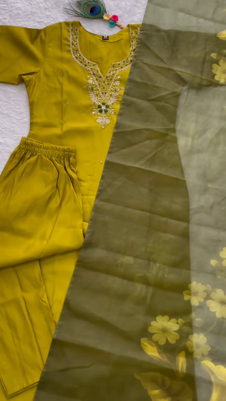 Mustard Yellow Straight-Fit Kurta Set with Delicate Sequin & Thread Embroidered Neckline – Paired with a Sheer Floral Organza Dupatta for an Effortless Festive & Daytime Chic Look
