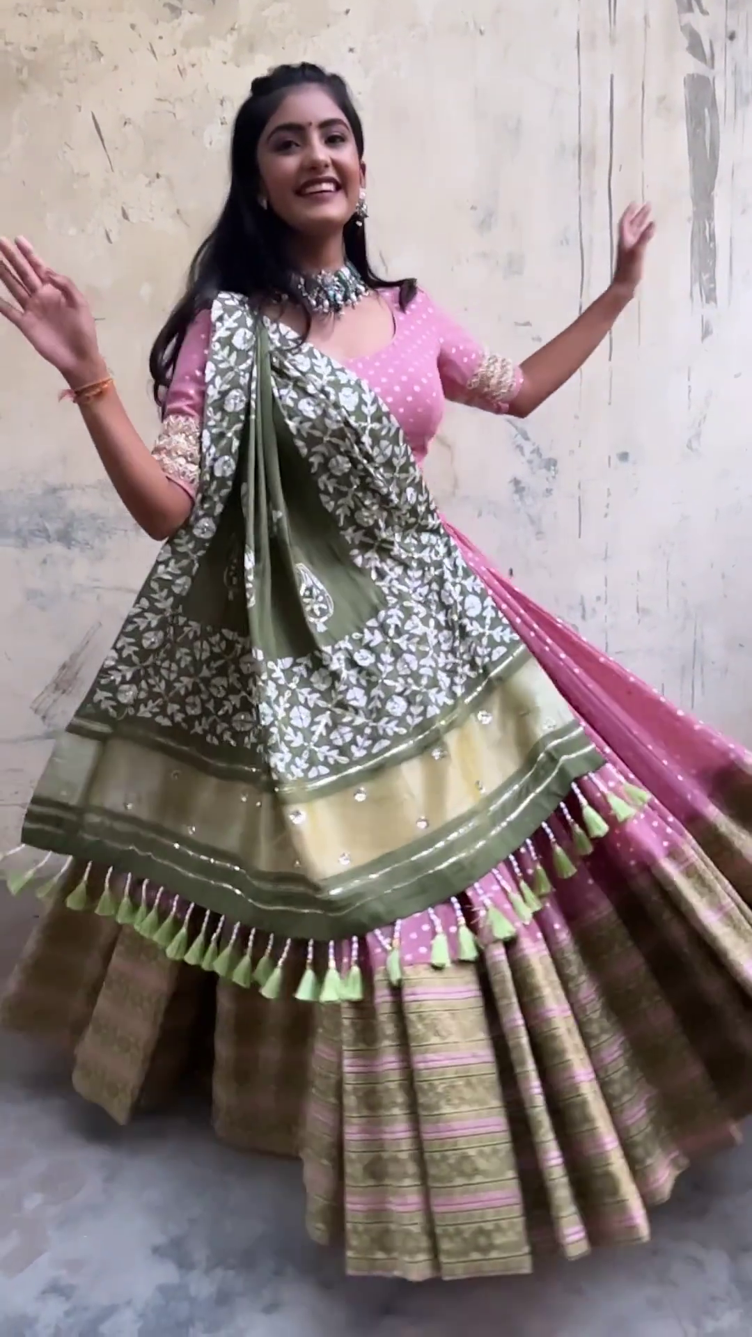Pink and Olive Green Ghaghra Choli Set with Printed Dupatta and Tassel Detailing – Elegant Traditional Wear for Navratri & Festive Celebrations
