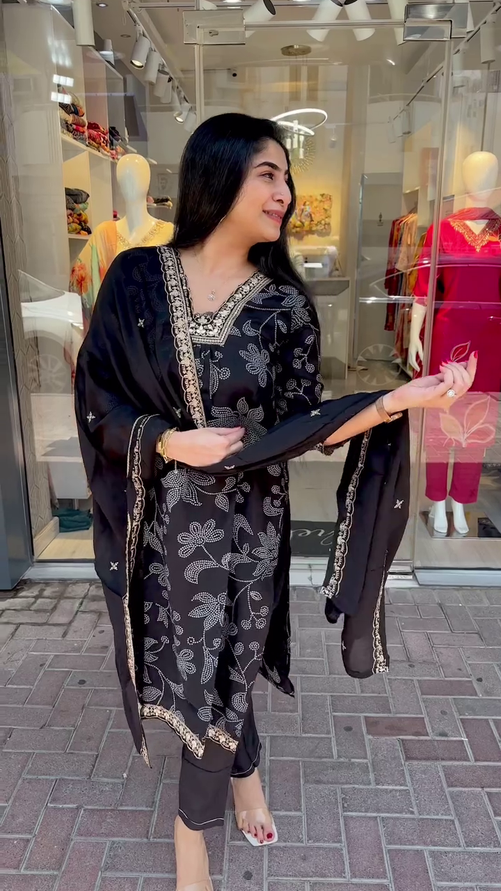 Elegant Black Suit Set Adorned with Silver Floral Embroidery and Mirror-Work Detailing – Paired with a Sheer Embellished Dupatta for a Timeless and Sophisticated Ethnic Look