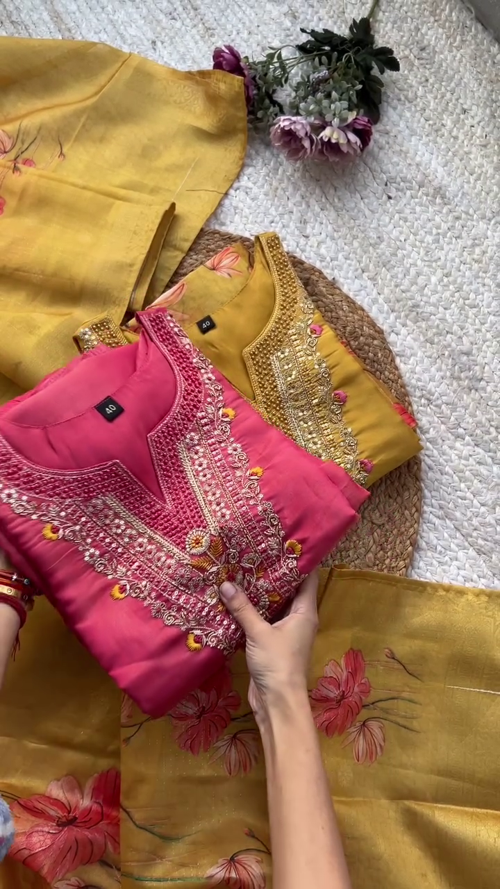 Graceful Mustard Yellow Kurta Set with Heavily Embellished Mirror and Thread Embroidery on Neckline, Paired with a Soft Silk Floral Printed Dupatta – Ideal for Festive Gatherings, Traditional Ceremonies, and Daytime Celebrations