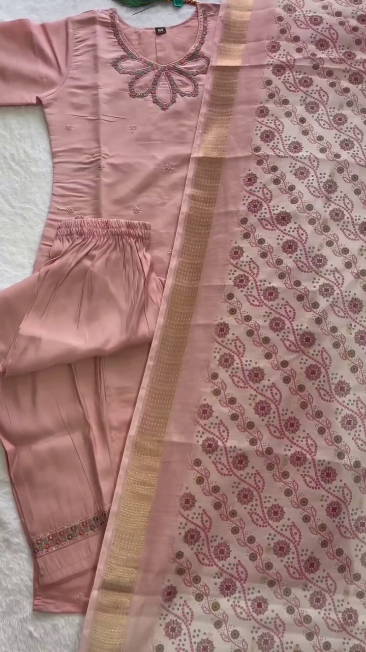 Graceful Baby Pink Embroidered Kurti Set with Coordinated Pants and Traditional Printed Dupatta – Soft and Elegant Ethnic Wear for Women