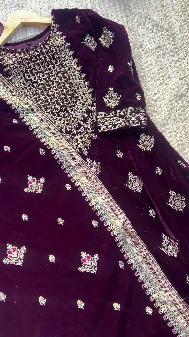 Luxurious Deep Wine Velvet Kurta Set Accentuated with Rich Golden Zari and Thread Embroidery, Paired with a Heavily Embroidered Dupatta – A Regal Choice for Weddings, Festive Celebrations, and Grand Traditional Events