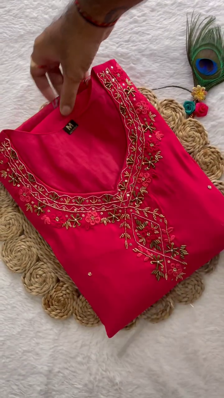 Rani Pink Straight-Cut Kurta with Delicate Zari & Sequin Hand Embroidery on the Neckline – A Festive Must-Have for Graceful Everyday or Occasion Styling