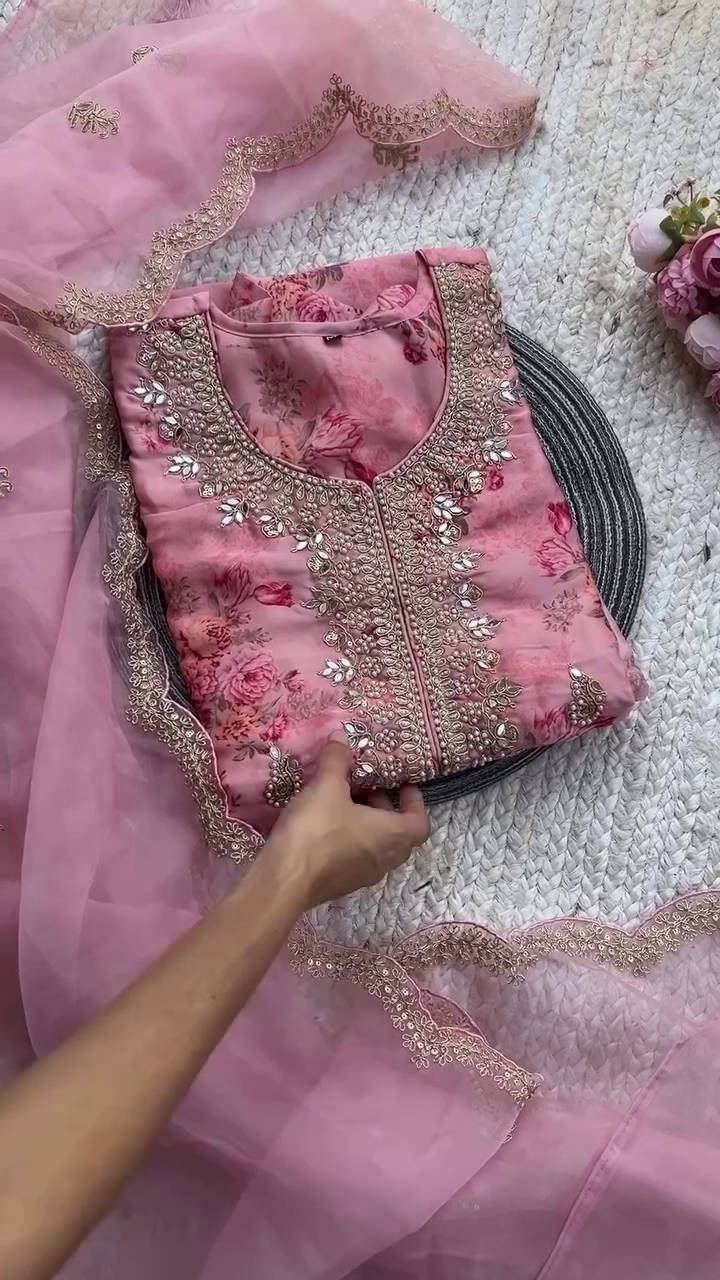 Charming Dusty Pink Floral Kurta Set with Intricate Mirror and Thread Hand Embroidery on Neckline and Borders, Paired with a Matching Embellished Organza Dupatta – Ideal for Elegant Day Functions, Festive Gatherings, and Ethnic Celebrations