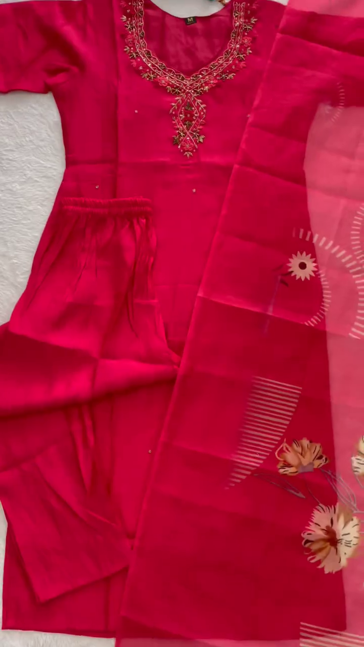 Rani Pink Straight-Cut Kurta with Delicate Zari & Sequin Hand Embroidery on the Neckline – A Festive Must-Have for Graceful Everyday or Occasion Styling
