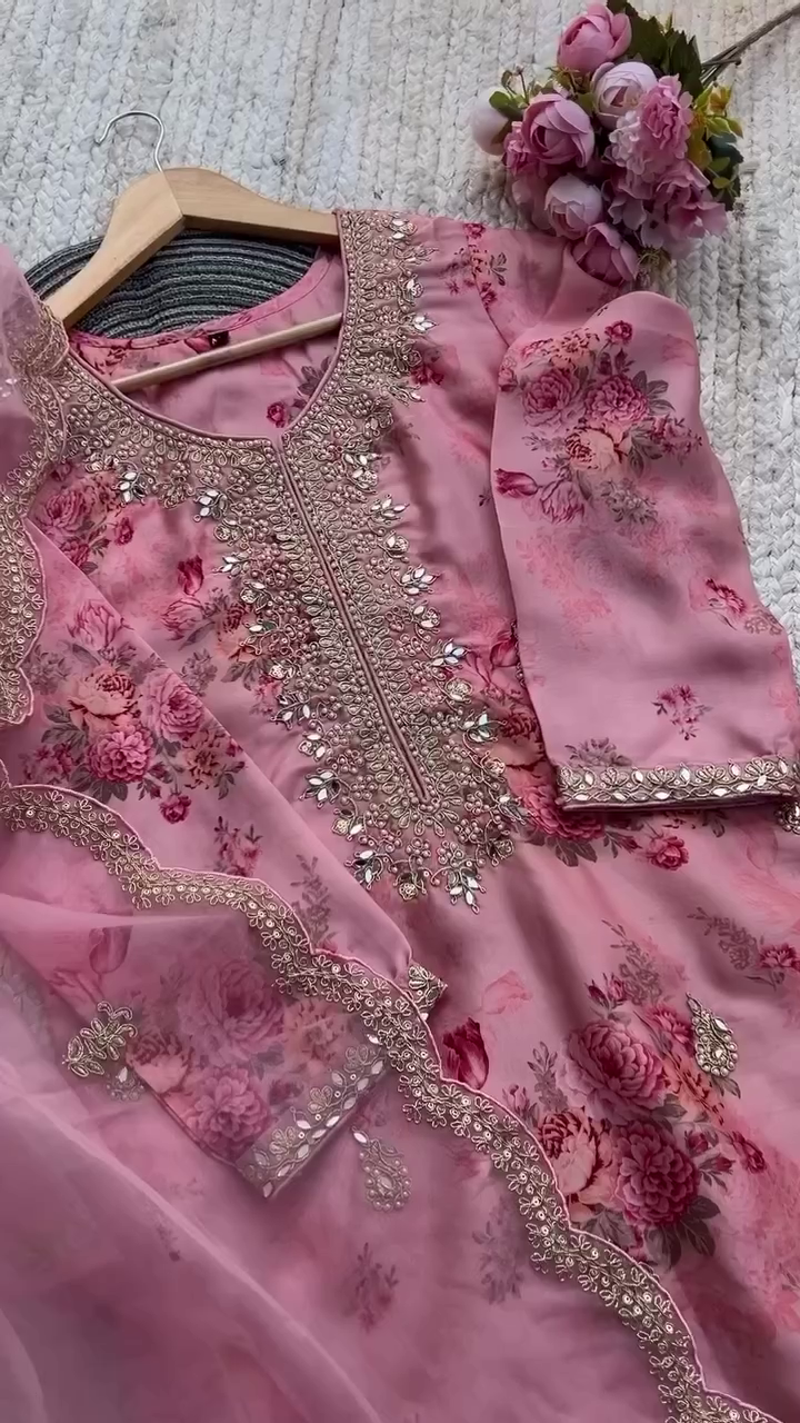 Charming Dusty Pink Floral Kurta Set with Intricate Mirror and Thread Hand Embroidery on Neckline and Borders, Paired with a Matching Embellished Organza Dupatta – Ideal for Elegant Day Functions, Festive Gatherings, and Ethnic Celebrations