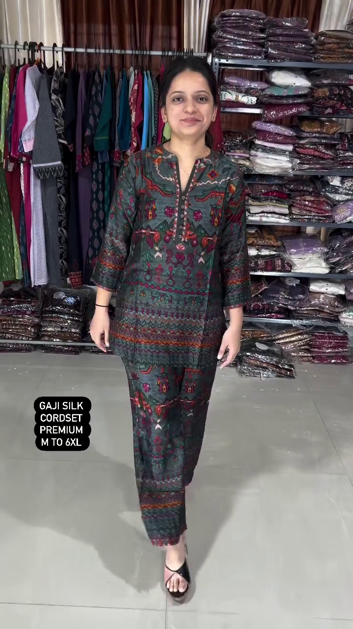Premium Gaji Silk Co-Ord Set for Women – Elegant Traditional Prints, Soft Silky Finish, Comfortable Fit, Available in Multiple Colors and Sizes M to 6XL – Perfect for Festive, Party, and Ethnic Wear