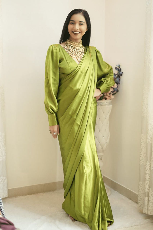 Partywear Pure Satin Silk Saree With Blouse, Wedding Saree For Women, Silk Saree, Bridesmaid Sarees, Ready To Wear Saree, Pre-stitched Saree