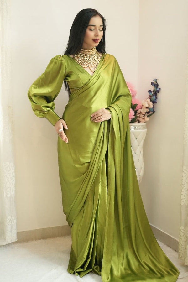Partywear Pure Satin Silk Saree With Blouse, Wedding Saree For Women, Silk Saree, Bridesmaid Sarees, Ready To Wear Saree, Pre-stitched Saree