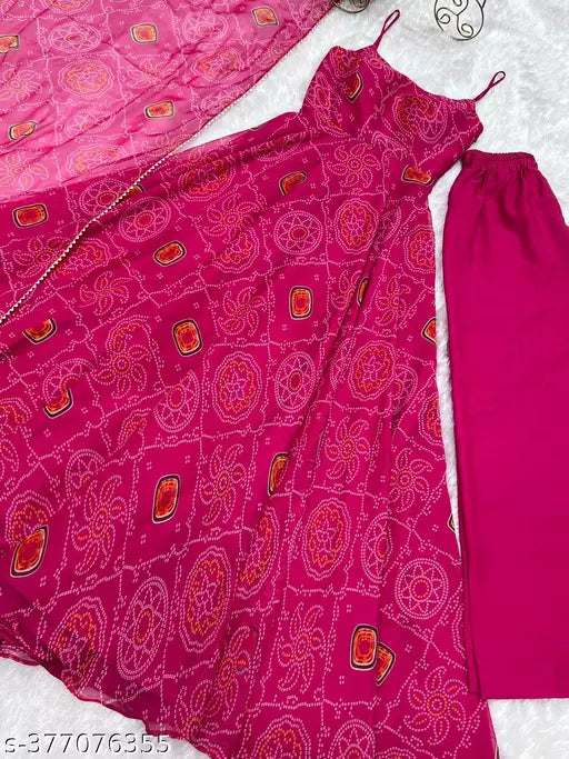 Presenting New Designer Pure Soft Lightweight Chiffon Bandhej Fully Flair Gown,duppta ,pent Set Ready To Wear Fully Sttich