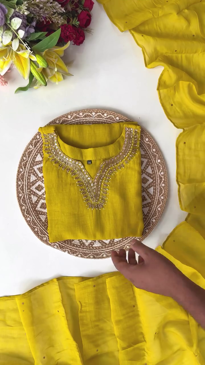 Festive Mustard Yellow Kurta Set with Mirror & Sequin Handwork – Elegant Neck & Sleeve Embroidery Paired with Coordinated Dupatta