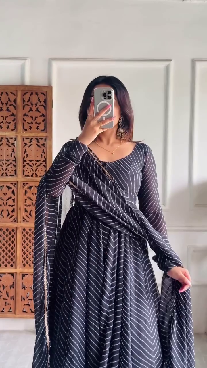 Chic Black Striped Anarkali with Elegant Sheer Dupatta and Gold Detailing