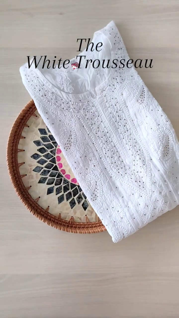 Elegant White Chikankari Kurta with Intricate Hand Embroidery and Subtle Mirror Work – Lightweight Cotton Fabric with Delicate Detailing, Perfect for Summer Celebrations, Festive Gatherings, and Minimal Bridal Trousseau Looks