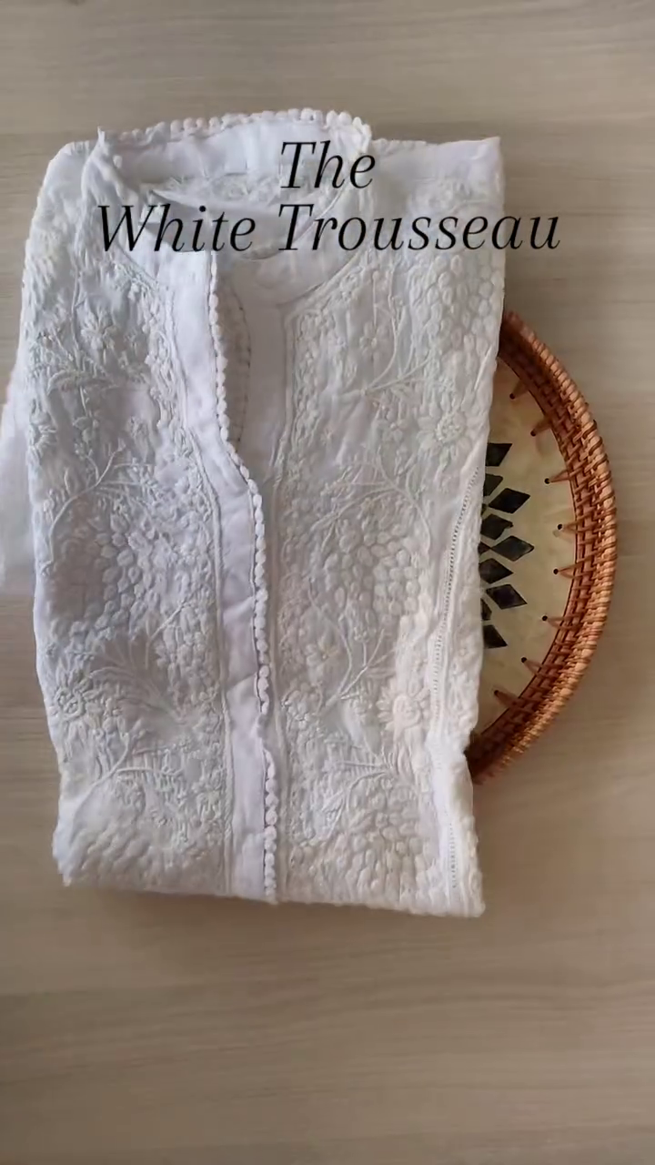 Elegant White Chikankari Kurta with Intricate Hand Embroidery and Subtle Mirror Work – Lightweight Cotton Fabric with Delicate Detailing, Perfect for Summer Celebrations, Festive Gatherings, and Minimal Bridal Trousseau Looks
