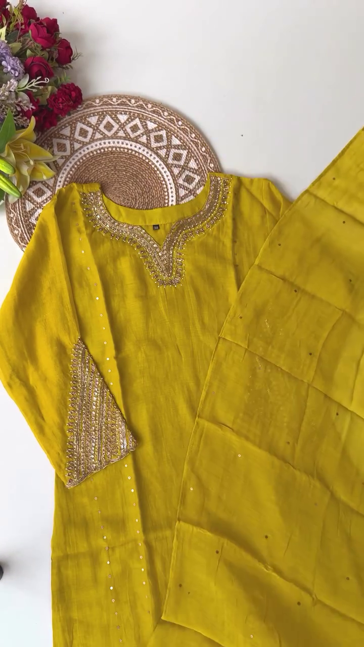 Festive Mustard Yellow Kurta Set with Mirror & Sequin Handwork – Elegant Neck & Sleeve Embroidery Paired with Coordinated Dupatta