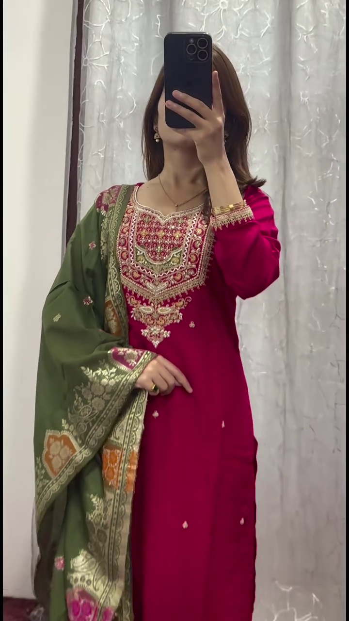 Regal Fuchsia Pink Embroidered Straight-Cut Suit Set with Intricate Zari and Mirror Work on the Neckline, Paired with Contrasting Olive Green Dupatta Featuring Rich Traditional Borders
