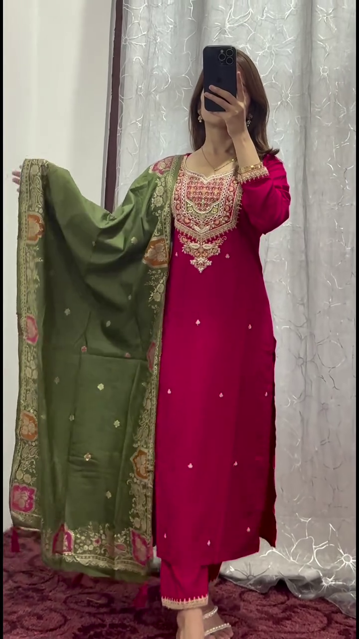Regal Fuchsia Pink Embroidered Straight-Cut Suit Set with Intricate Zari and Mirror Work on the Neckline, Paired with Contrasting Olive Green Dupatta Featuring Rich Traditional Borders