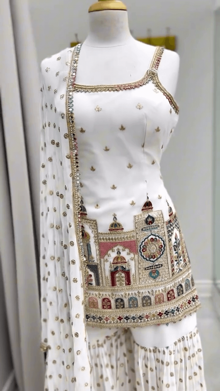 Elegant White Embroidered Anarkali Set with Architectural Motifs, Sheer Dupatta, and Flared Palazzo Pants