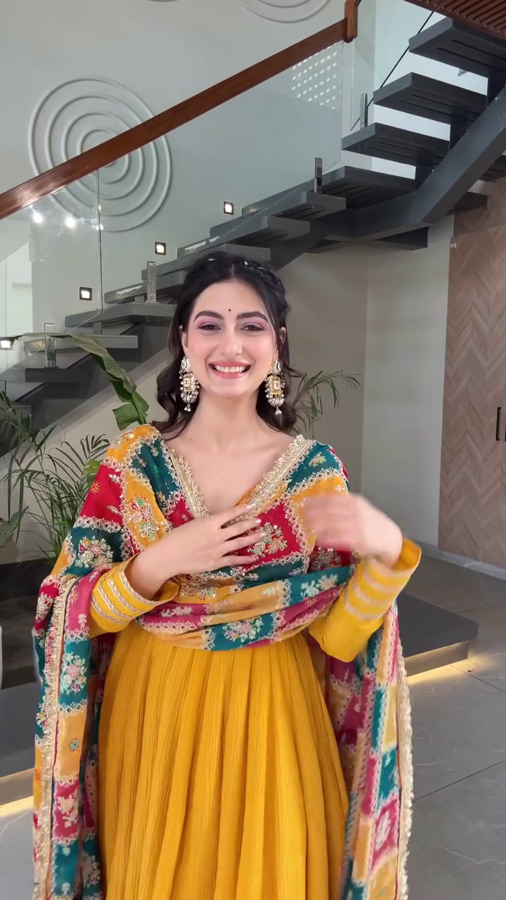 Bright Mustard Yellow Flared Anarkali Suit Set Paired with Multicolor Mirror-Work Bandhani Dupatta – Festive and Playful Ethnic Ensemble Featuring Gota Detailing and Flowing Silhouette