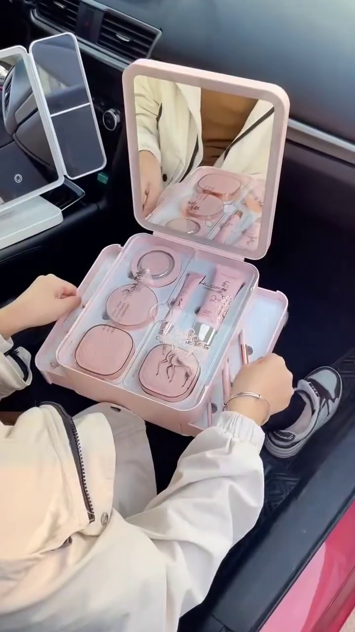 Portable Pink Makeup Kit with Mirror – Includes Blush, Lip Gloss, and More