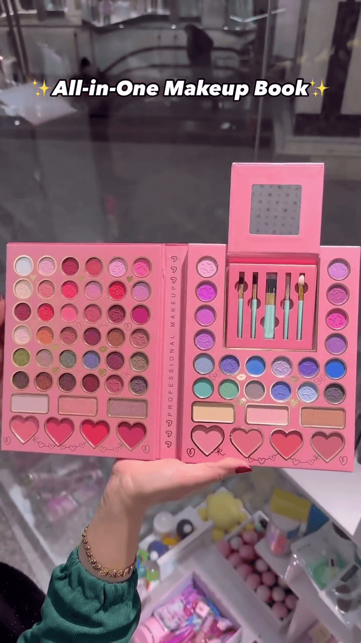All-in-One Professional Makeup Book Featuring a Wide Range of Eyeshadows, Blushes, Lip Colors, Highlighters, and Essential Brushes for Complete Makeup Looks