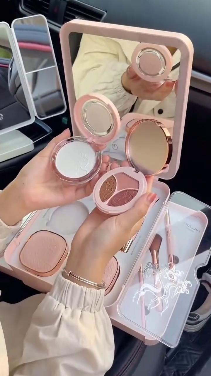 Portable Pink Makeup Kit with Mirror – Includes Blush, Lip Gloss, and More