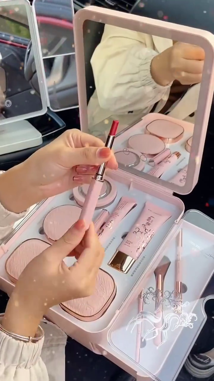 Portable Pink Makeup Kit with Mirror – Includes Blush, Lip Gloss, and More