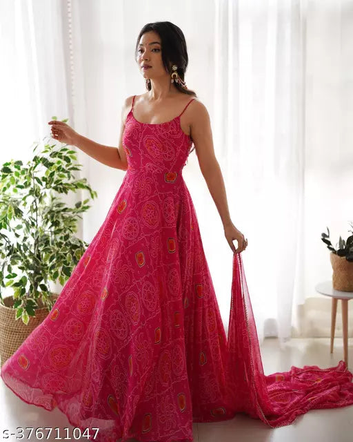 Presenting New Designer Pure Soft Lightweight Chiffon Bandhej Fully Flair Gown,duppta ,pent Set Ready To Wear Fully Sttich