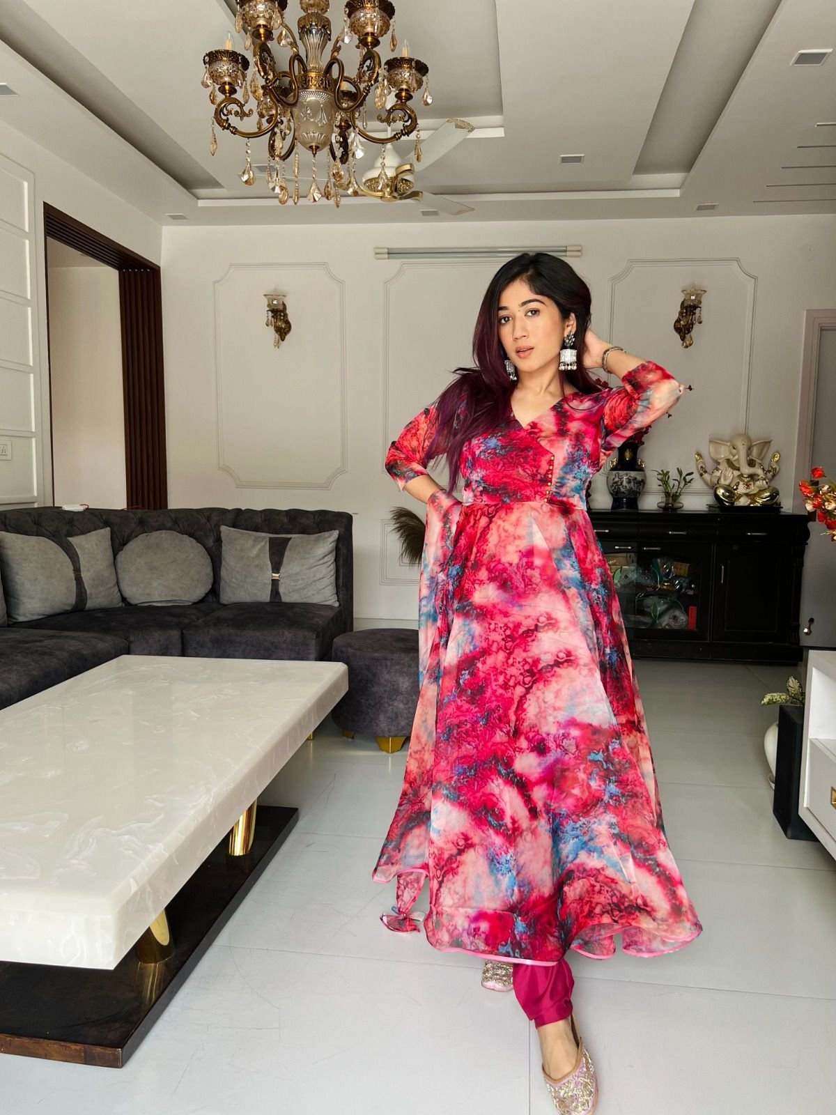 Digital Printed Pure Organza Silk Anarkali Suit Of Huge Flair With Lace Border