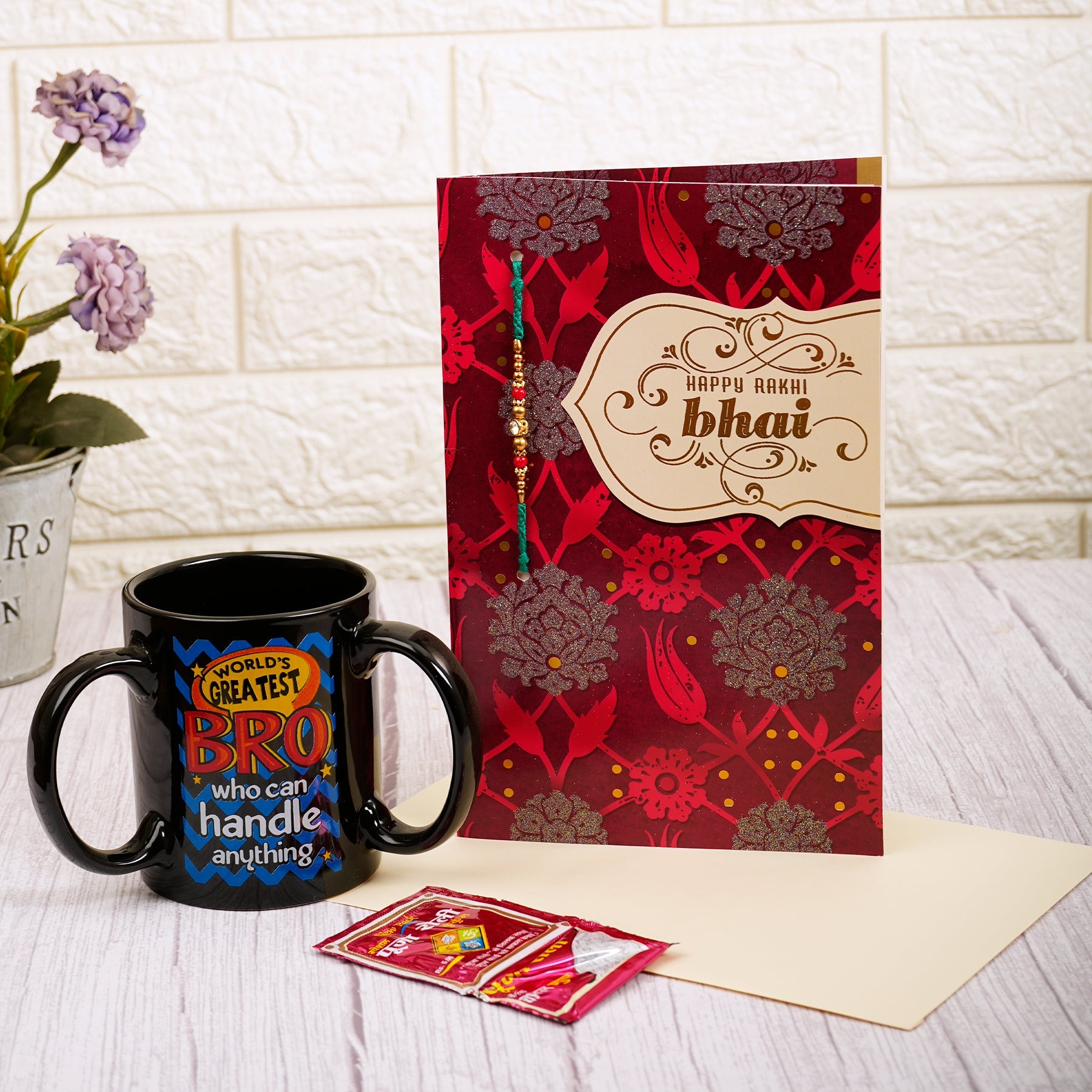 Happy Rakhi Bhai Greeting Card With Three Handle Mug