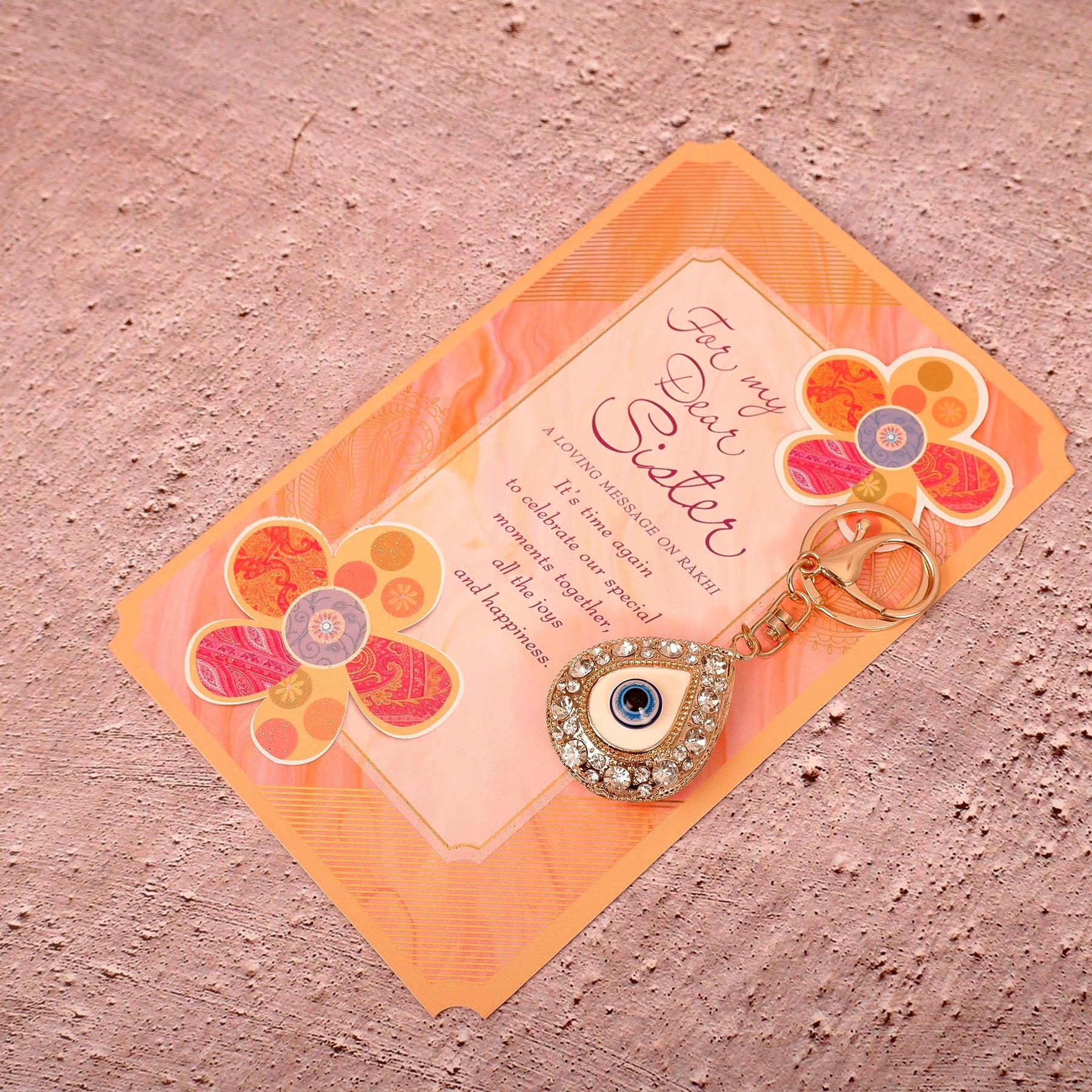 Golden Evil Eye Keychain With Sister Greeting Card
