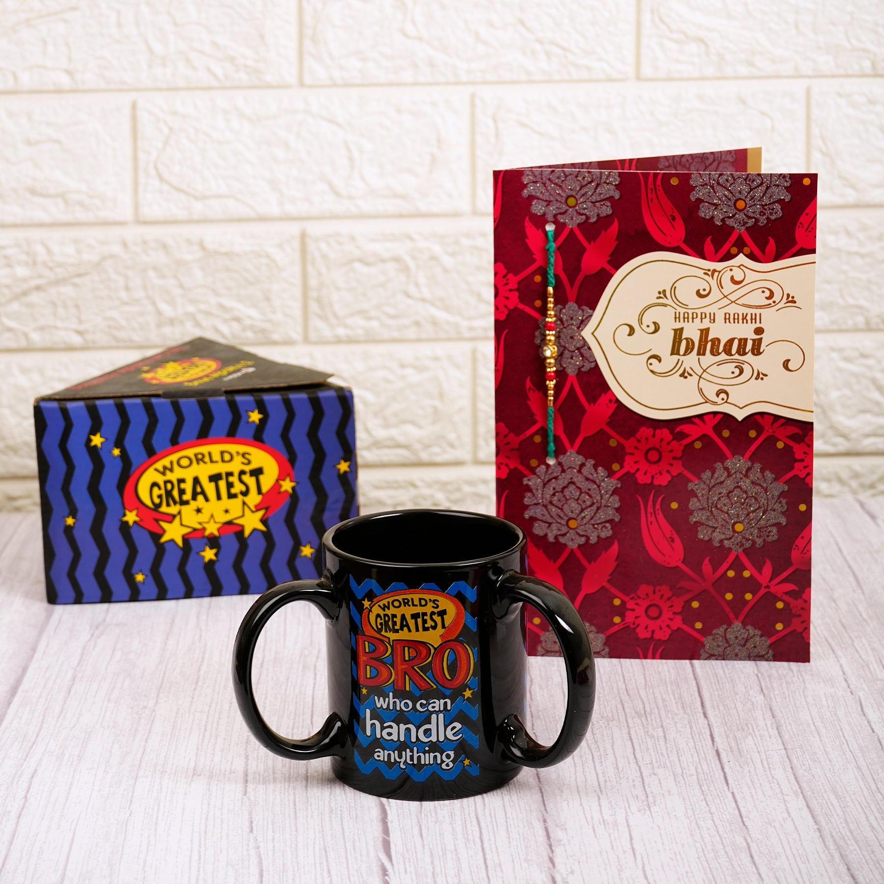 Happy Rakhi Bhai Greeting Card With Three Handle Mug