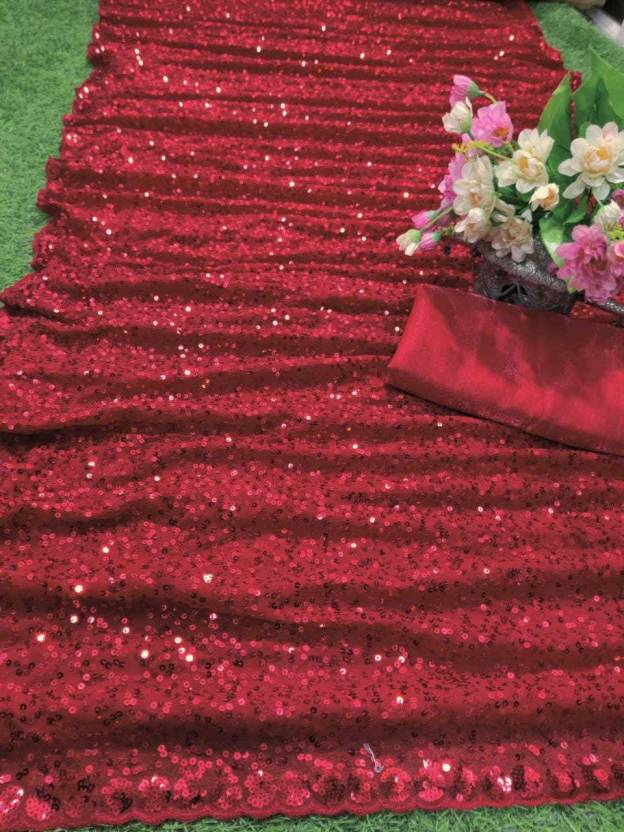 Designer Red Sequin Sarees For Women Beautiful Georgette Dual Sequins Work Saree For Party Wear And Wedding Indian Trendy Sequence Saree