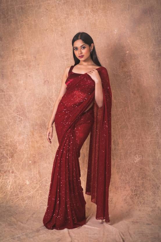 Designer Red Sequin Sarees For Women Beautiful Georgette Dual Sequins Work Saree For Party Wear And Wedding Indian Trendy Sequence Saree