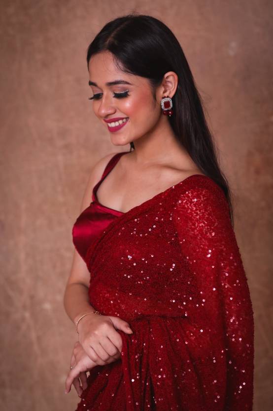 Designer Red Sequin Sarees For Women Beautiful Georgette Dual Sequins Work Saree For Party Wear And Wedding Indian Trendy Sequence Saree