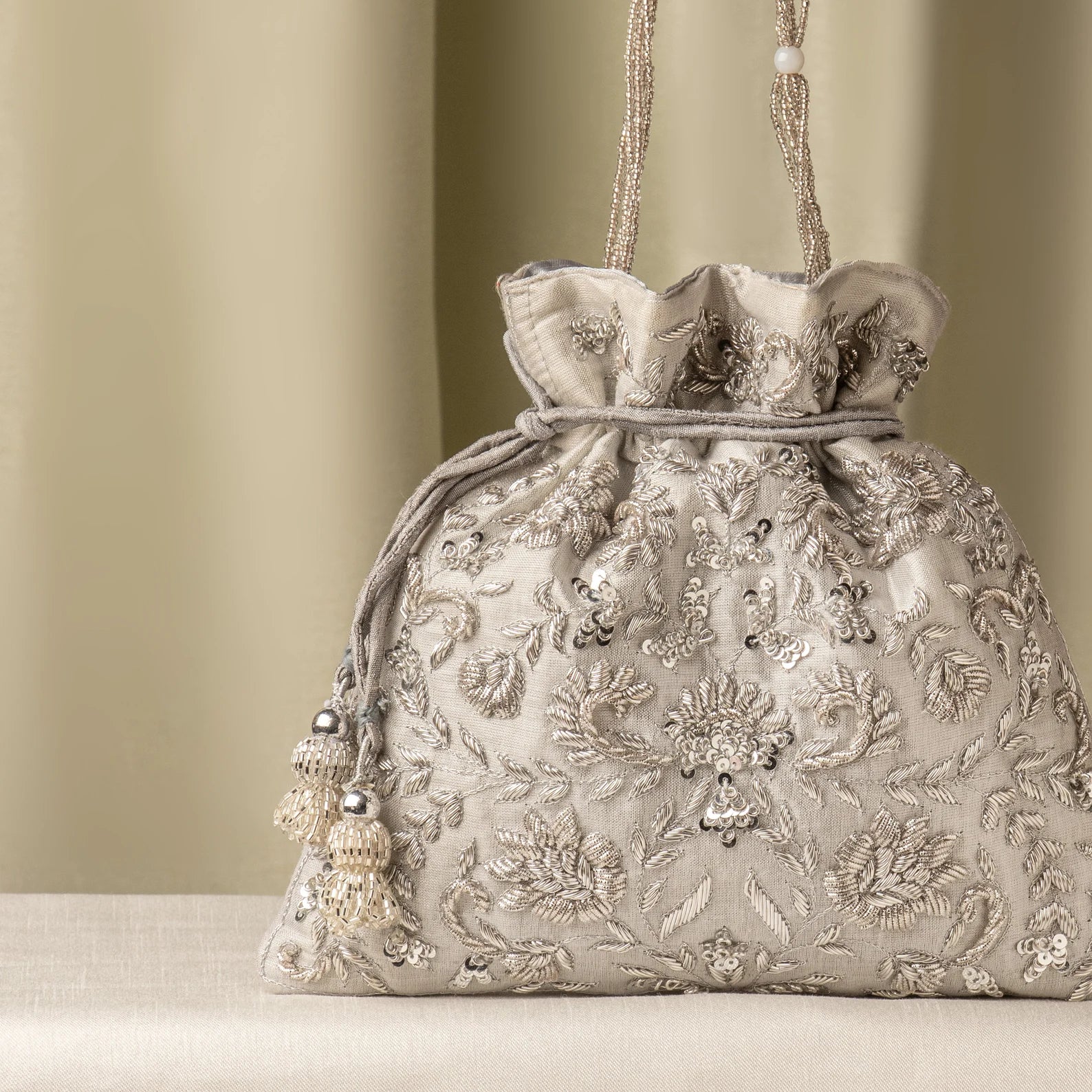 Elegant Zardozi Hand Embroidery Silver Fabric Drawstring Bag | Wristlet Pouch Bag for Wedding | Bridesmaids Handcrafted Gifting Accessory