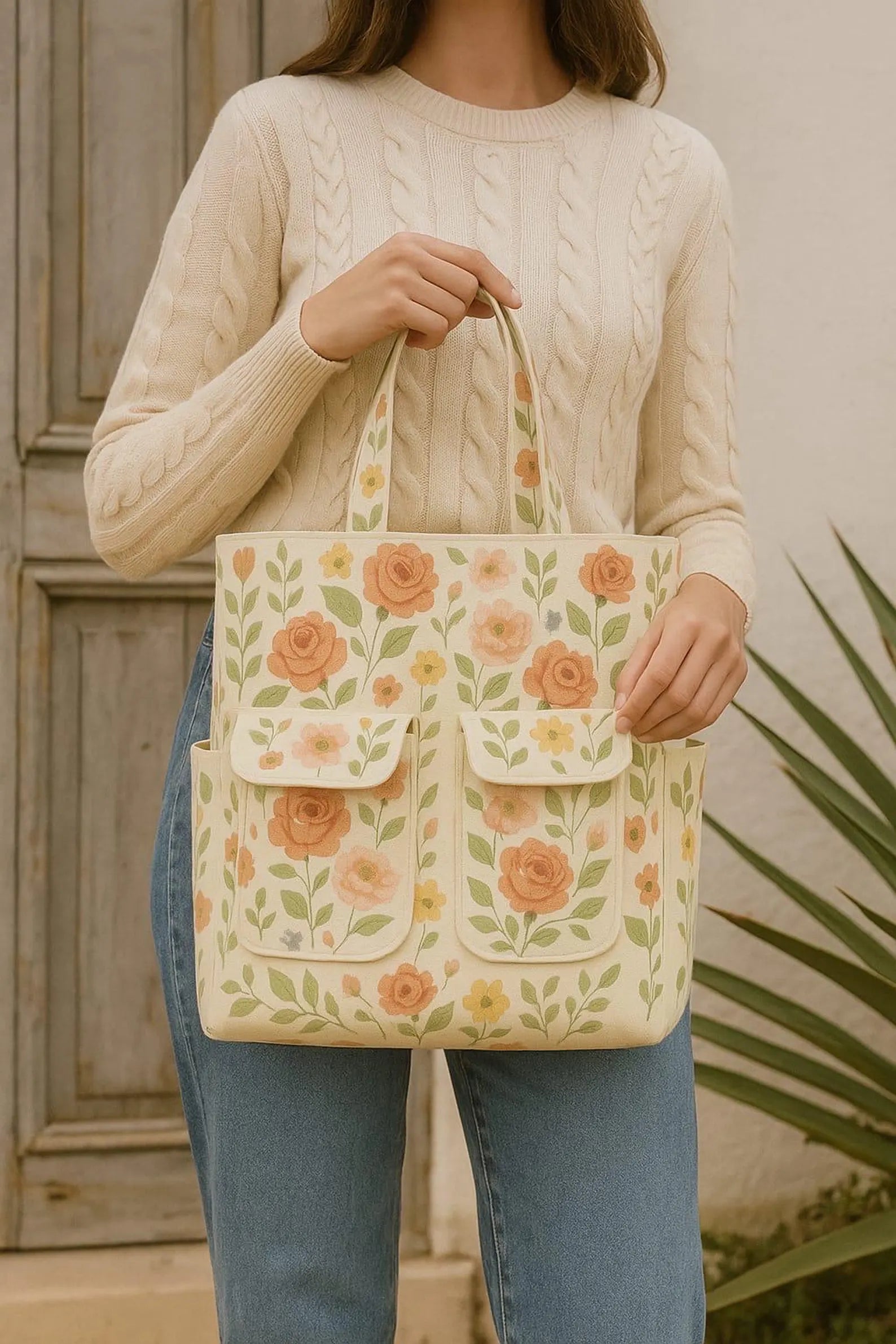 Floral Canvas Tote Bag with Pockets – Sewing Pattern Design Print | Aesthetic Shoulder Bag