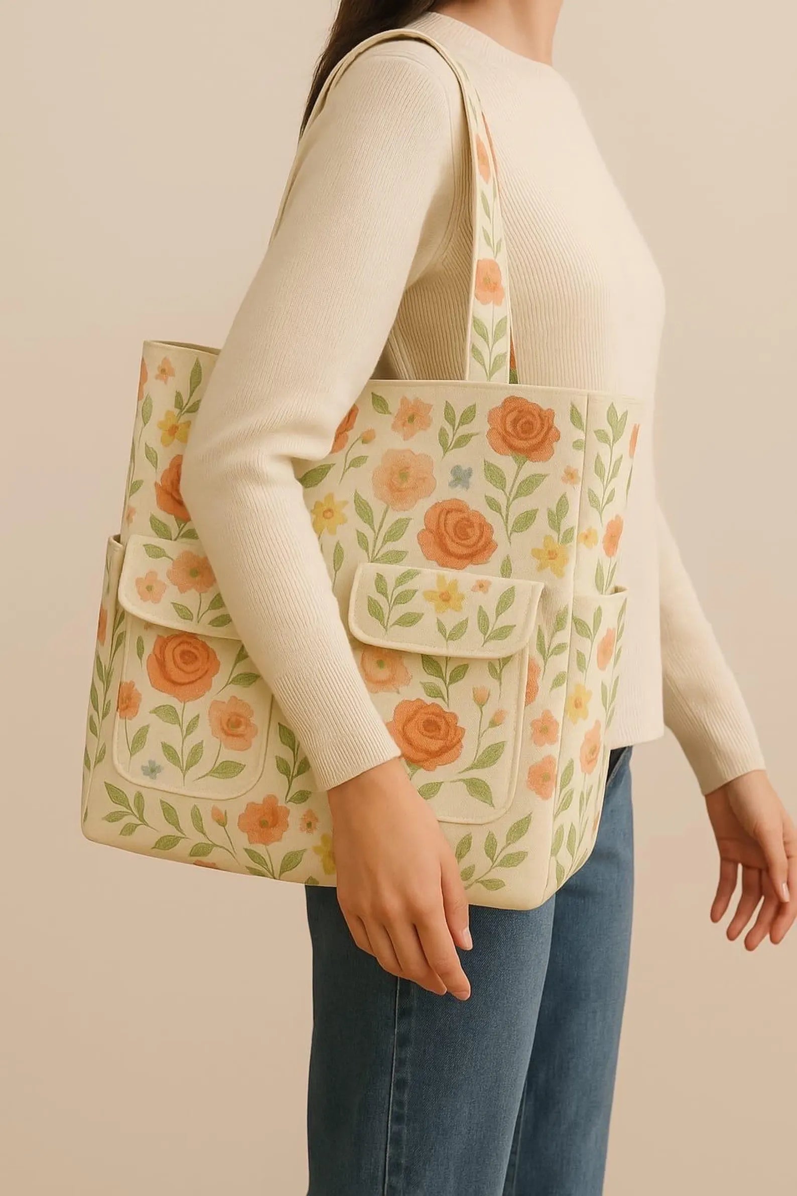 Floral Canvas Tote Bag with Pockets – Sewing Pattern Design Print | Aesthetic Shoulder Bag