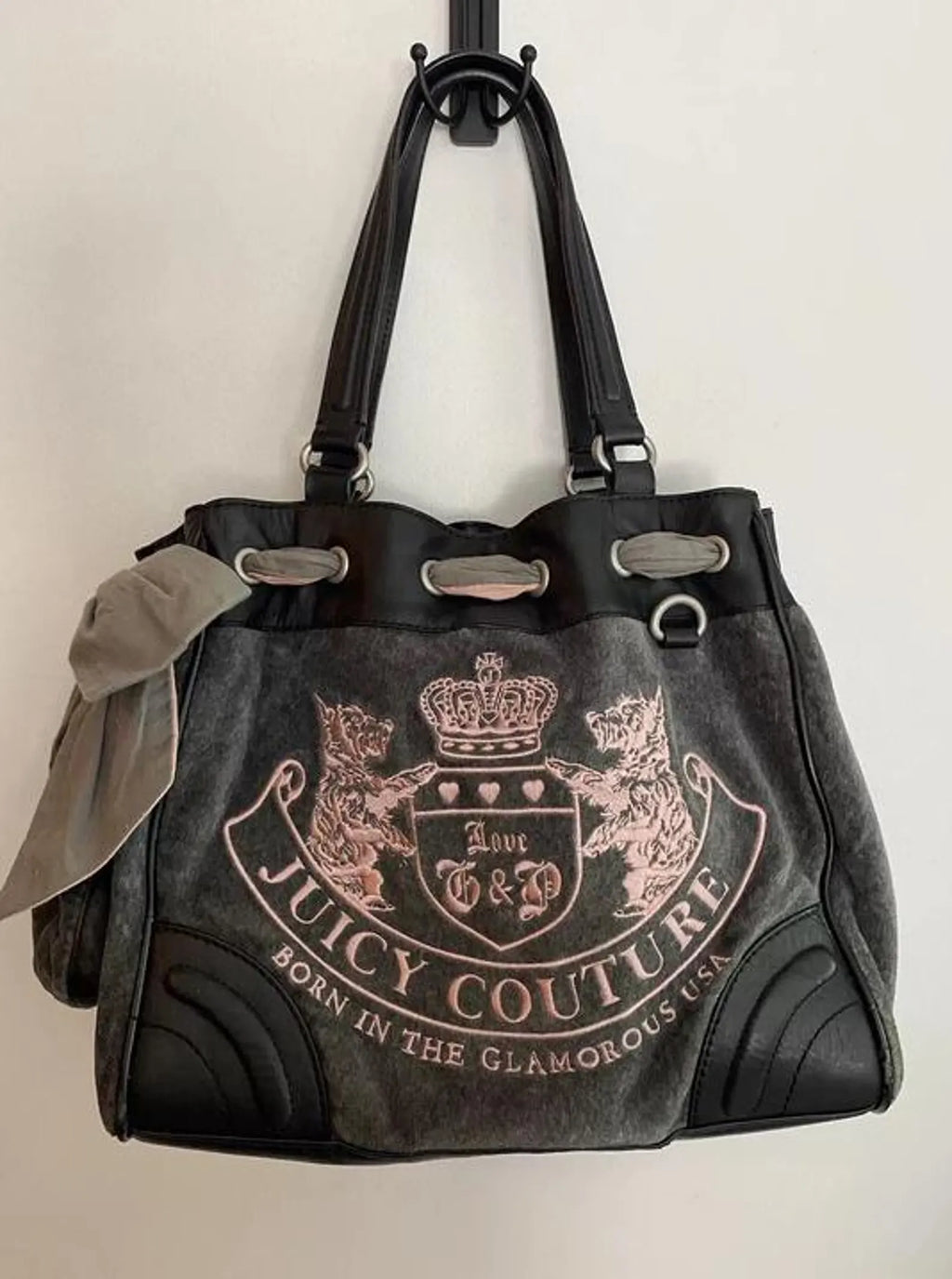Juicy Couture Daydreamer Dog Bag – Rare Gray Pink Y2K Tote – Embroidered Puppies – Vintage 2000s Purse