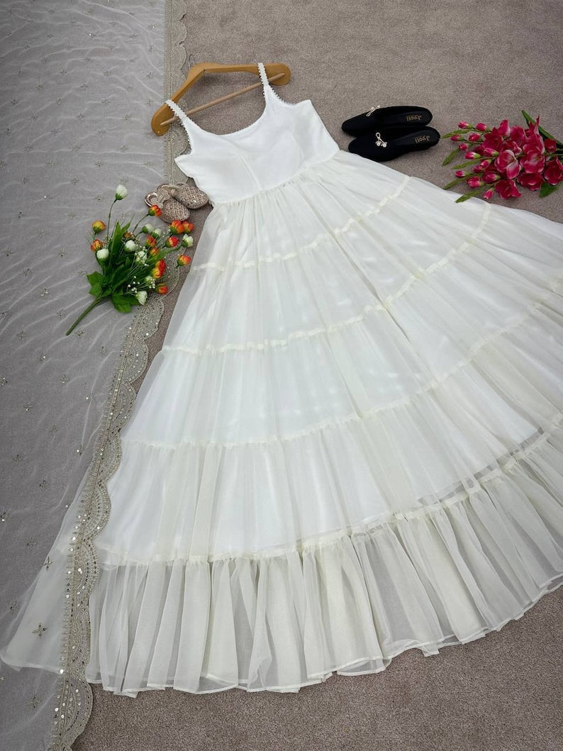 Ethnic White Anarkali Suit With Dupatta,2 Piece Set Readymade Suit For Woman,classy Fox Georgette Fancy Casual Wear Gown And White Salwar Kameez Partywear Anarkali