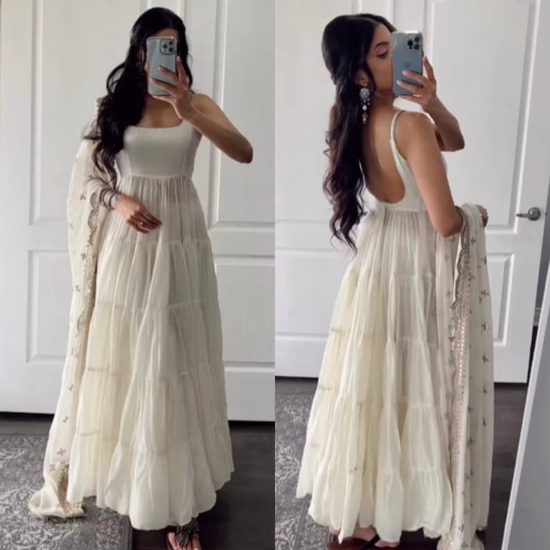Ethnic White Anarkali Suit With Dupatta,2 Piece Set Readymade Suit For Woman,classy Fox Georgette Fancy Casual Wear Gown And White Salwar Kameez Partywear Anarkali