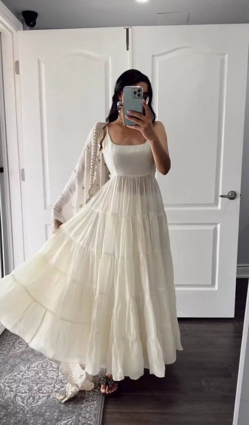 Ethnic White Anarkali Suit With Dupatta,2 Piece Set Readymade Suit For Woman,classy Fox Georgette Fancy Casual Wear Gown And White Salwar Kameez Partywear Anarkali