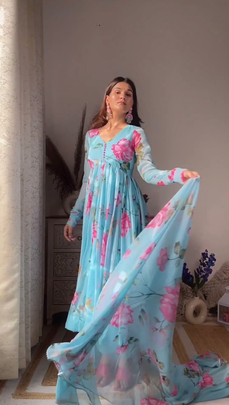 Designer Beautiful Sky Bluebase Flower Printed Georgette Anarkali Suit Set, Flaired Anarkali , Printed Anarkali Set,indian Outfits Readymade
